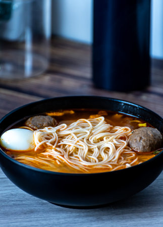 Japanese ramen noodle soup in a black bowl on a wooden tableの写真素材