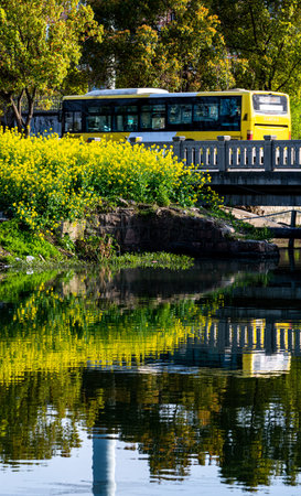 Yellow bus on the bank of the river with reflection in the water