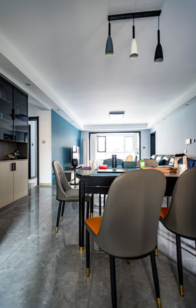 Interior of a modern house, dining room and kitchen. Nobody insideの写真素材