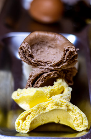 Vanilla and chocolate ice cream in a glass bowl, selective focusの写真素材