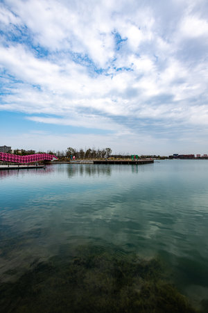 Landscape view of a lake in a park, Luannan County, Hebei Province, Chinaの写真素材