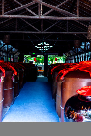 Wine barrels in winery, Thailand. (Selective focus)
