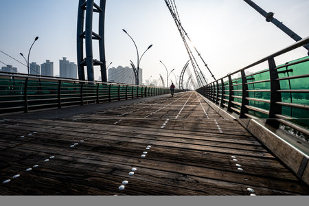 Pedestrian bridge across Huangpu river in Shanghai,China.の写真素材