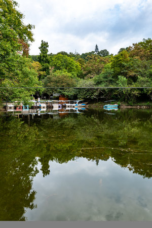 Beautiful view of the pond in the park at Suzhou Chinaの写真素材