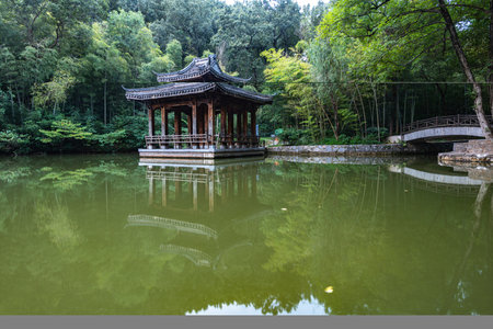 Pavilion in the park, Hangzhou, China. Hangzhou is a popular tourist destination.の写真素材