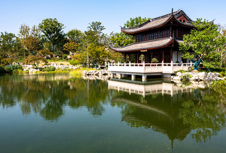 The ancient Chinese architecture in the park.の写真素材