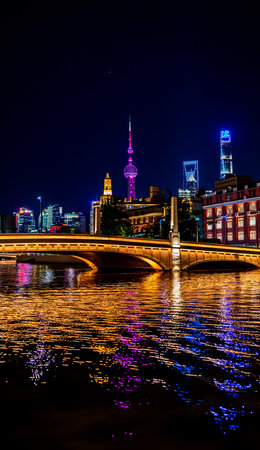 Skyline at night with river.