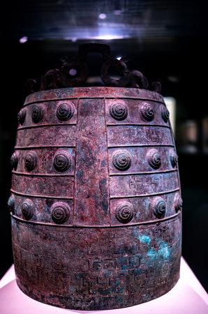 Chinese ancient copper bell, close-up of a bronze bell.の写真素材