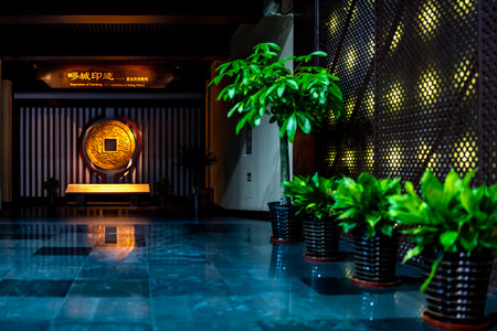Interior of a restaurant at night.の写真素材