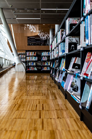 Bookshelf in a library with bookshelves in a public library