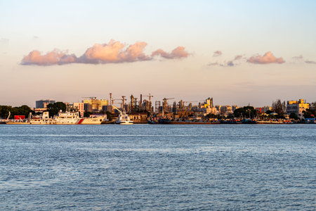 Panoramic view of the port of Odessa, Ukraine.