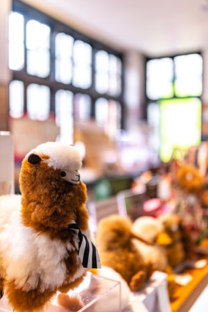 Cute stuffed toy bear in a shop window. Shallow depth of fieldの写真素材