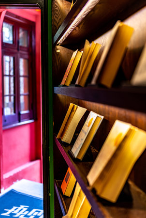 Bookshelf with books in the old town of Prague, Czech Republic