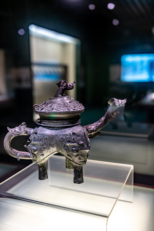 Chinese ancient bronze teapot in museum, closeup of photoの写真素材
