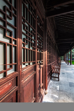 Wooden corridor in the Chinese temple, chinese ancient architecture.の写真素材