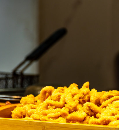 Crispy fried shrimp in a bamboo basket. Selective focus.の写真素材