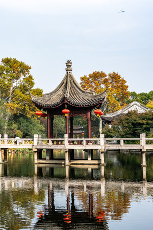 Pavilion in a park in Hangzhou, China. Hangzhou is the capital and largest city of China.の写真素材