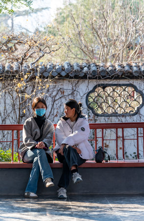 Two asian women wearing face mask sitting on the railing in the parkの写真素材