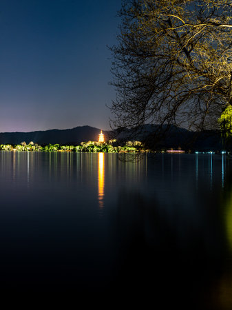 Landscape view of the lake at night in the evening, Thailand.の写真素材