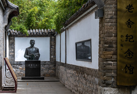 Statue in a traditional Chinese courtyard setting, Hohhot city, Inner Mongolia autonomous region, Chinaの写真素材