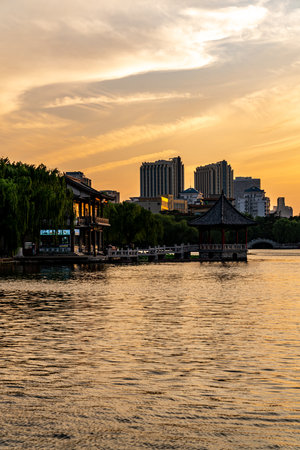 Sunset scenery of Hangzhou West Lake at Suzhou, Chinaの写真素材
