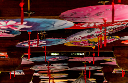 Colorful umbrellas on the terrace of a Buddhist temple