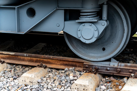 Railway tracks and wheels of the locomotive. Selective focus.の写真素材