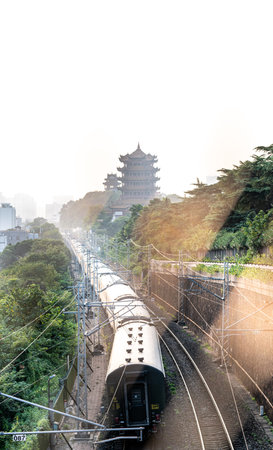 Train passing through the wall of the ancient city of Taipei, Taiwan