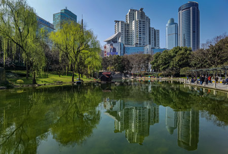 People visit Pudong park in Shanghai, Chinaの写真素材