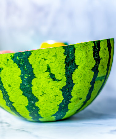 Watermelon on white marble background, Thailand. (Selective focus)