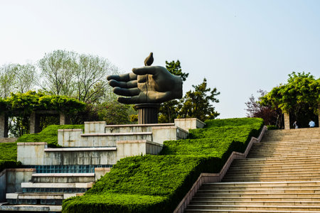 Sculpture of hand in Hangzhou City Park.の写真素材