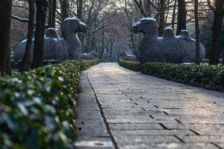 The old stone path in the park with the statues of lions.のeditorial素材