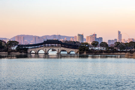 Sunset view of Gyeongbokgung in Seoul, South Koreaの写真素材