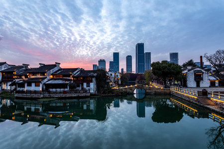 Sunset view of Suzhou, Jiangsu Province, China.の写真素材
