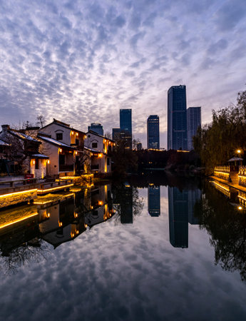 Cityscape of Hangzhou at night with reflections in the water.の写真素材