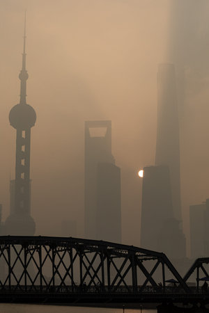 Shanghai skyline in the mist, China.