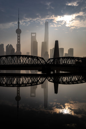 Shanghai skyline at sunset, China.