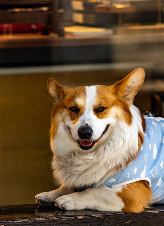 Welsh Corgi Pembroke dog in a blue shirtの写真素材