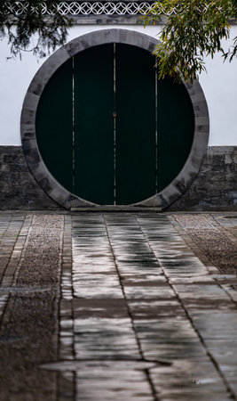 Wet stone pavement and green metal door in a city street.の写真素材