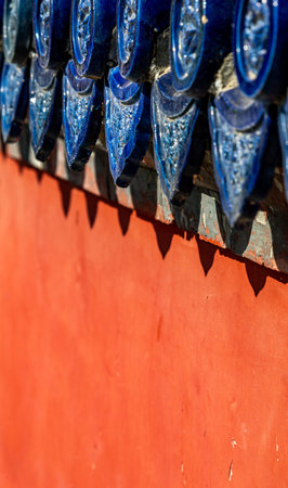 close up of chinese traditional style blue pottery in a temple