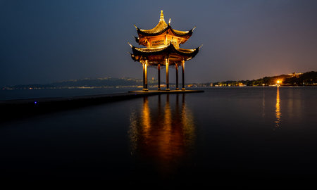 Night view of the pavilion at the lake in Hangzhou, China