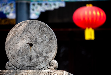 Ancient Chinese stone lanterns in a temple, closeup of photoの写真素材