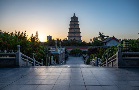 Giant Wild Goose Pagoda at sunset, Hangzhou, Chinaのeditorial素材