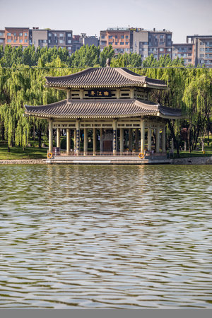 Pavilion on the lake in the park, Beijing, Chinaの写真素材