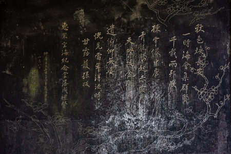 Chinese calligraphy on the wall of a temple, closeup of photoの写真素材