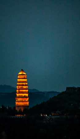 Tower in the night, Chengde, Hebei Province, Chinaの写真素材