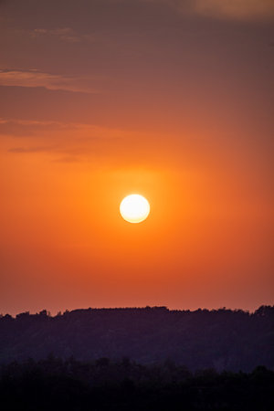 Sunset over the mountains with silhouette of a tree in the foregroundの写真素材