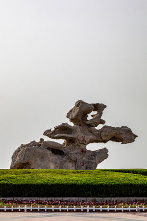 Stone sculpture in the park, chinese style, closeup of photoの写真素材