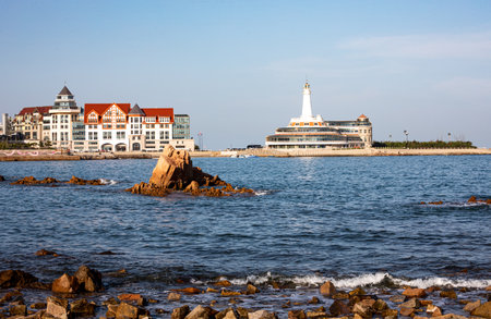 View of the lighthouse at the entrance to the port of Gdynia, Polandの写真素材