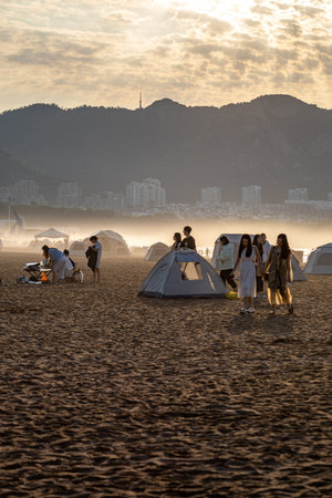 Tourists on the beachの写真素材